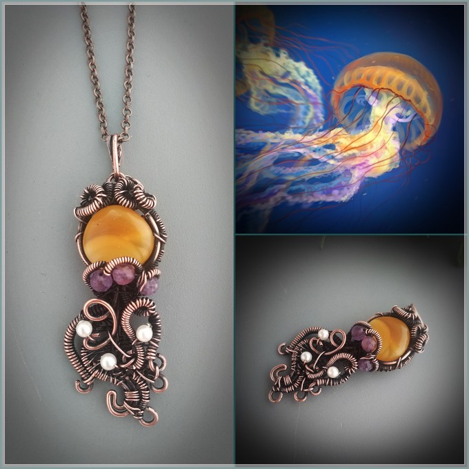 Amber, amethyst and pearls jellyfish necklace