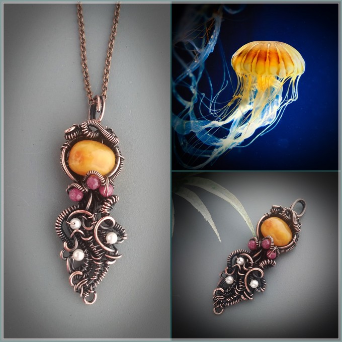 Amber, ruby and pearls jellyfish necklace