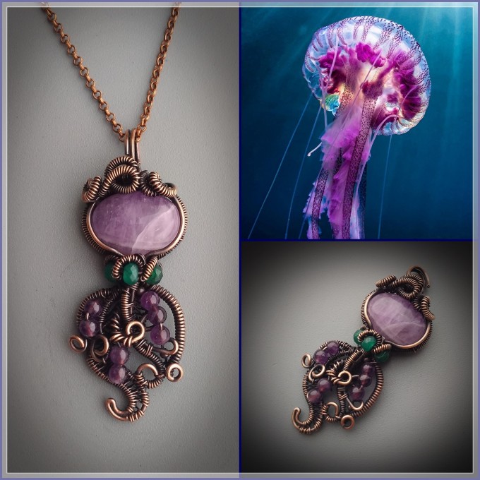 Amethyst and emerald jellyfish necklace