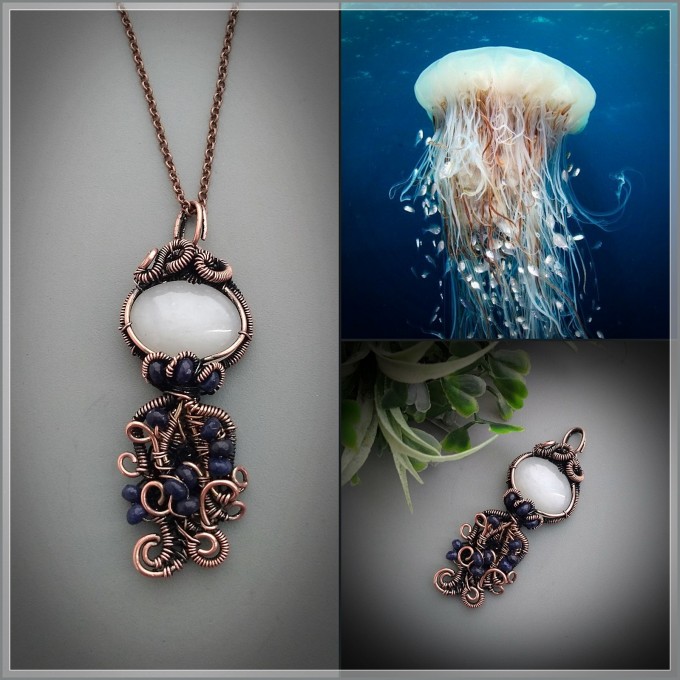 Moonstone and sapphire jellyfish necklace