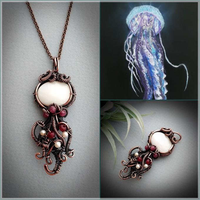 Moonstone, ruby and pearls jellyfish necklace