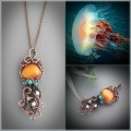 Amber, turquoise and pearls jellyfish necklace