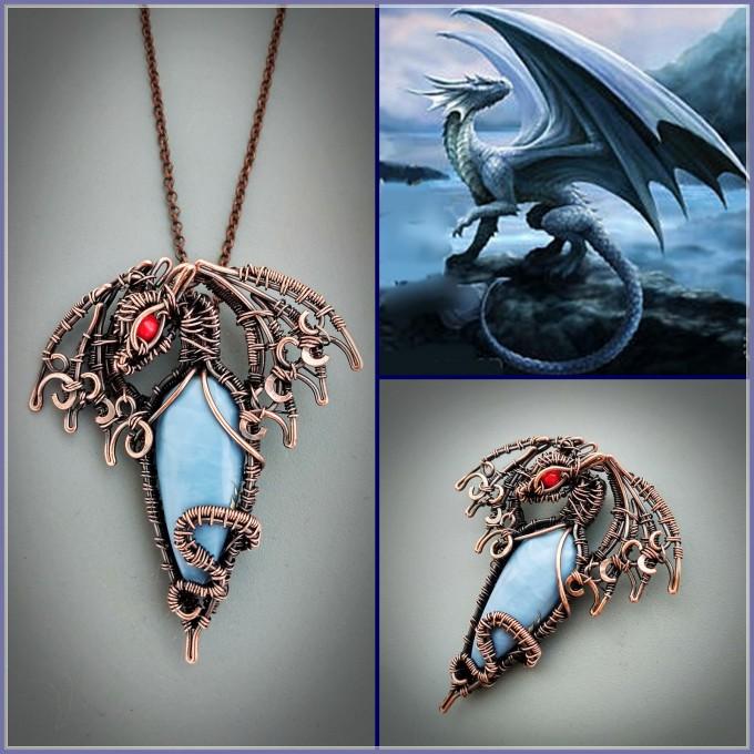 Blue opal dragon necklace