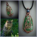 Doubleside tree of life and cat necklace with green aventurine