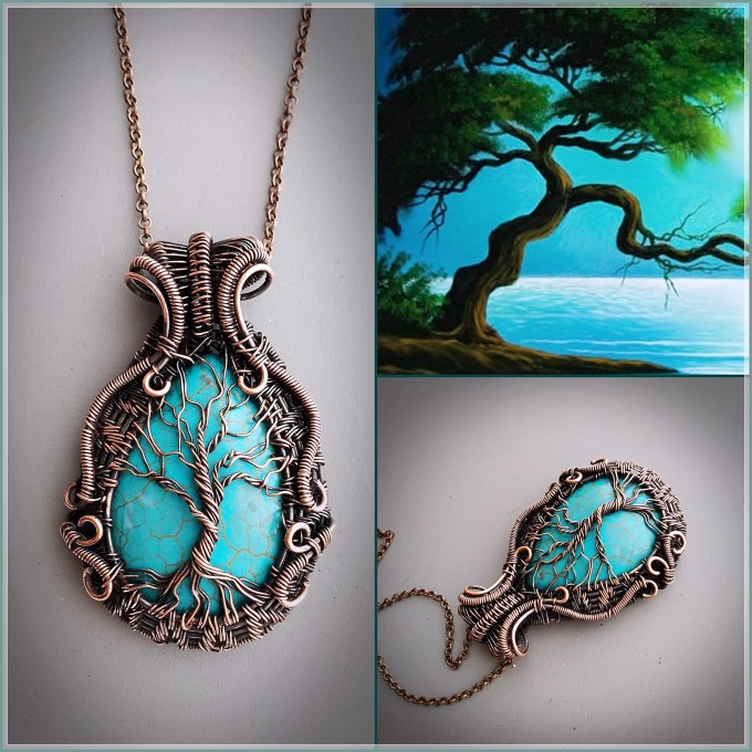 Turquoise howlite tree of life necklace