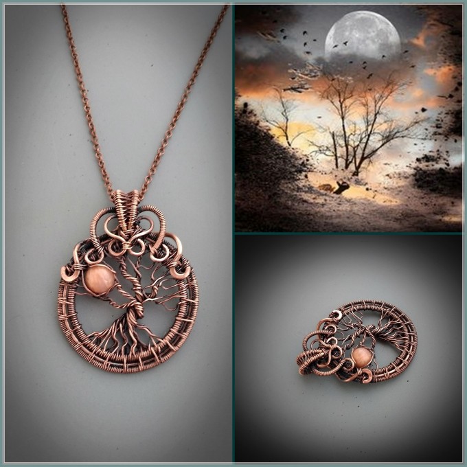 Peach moonstone moon necklace