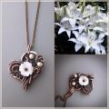Heart necklace with mother of pearl shell flower and freshwater pearls