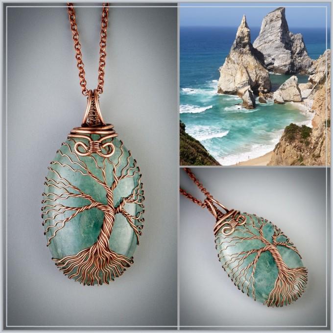 Natural aquamarine tree of life necklace