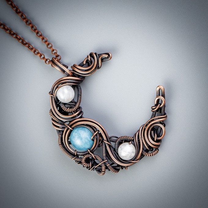 Aquamarine and moonstone crescent moon necklace