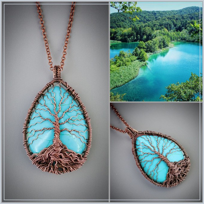 Handmade turquoise howlite tree of life necklace